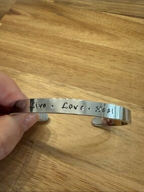 Live • Love • Heal Engraved Silver Tone Cuff Bracelet (RN)